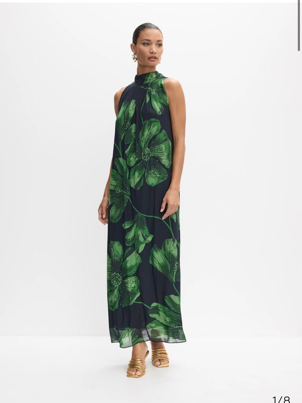 Sleeveless High-Neck Navy Maxi Dress with Green Floral Print